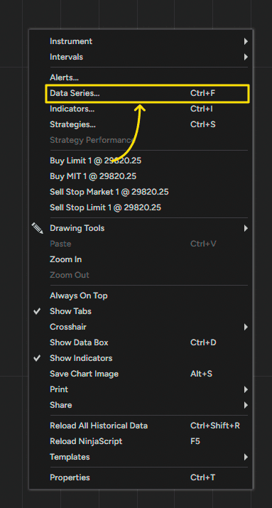 Chart context menu with Data Series highlighted