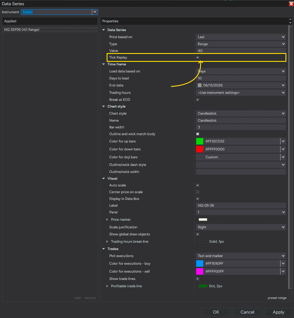 Data Series window with Tick Replay enabled