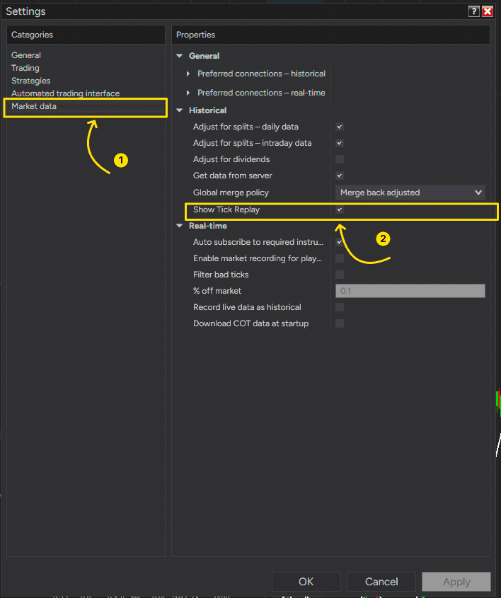 Market data settings with Show Tick Replay enabled