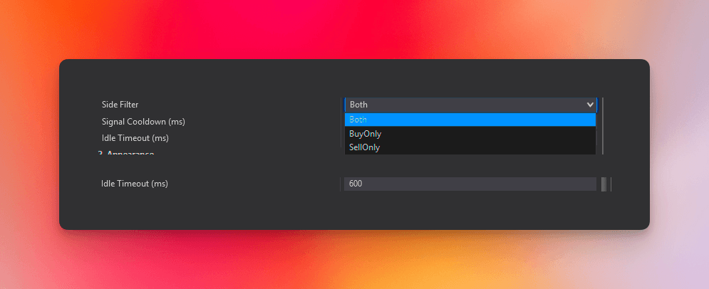 Idle Timeout and Side Filter settings in NinjaTrader 8