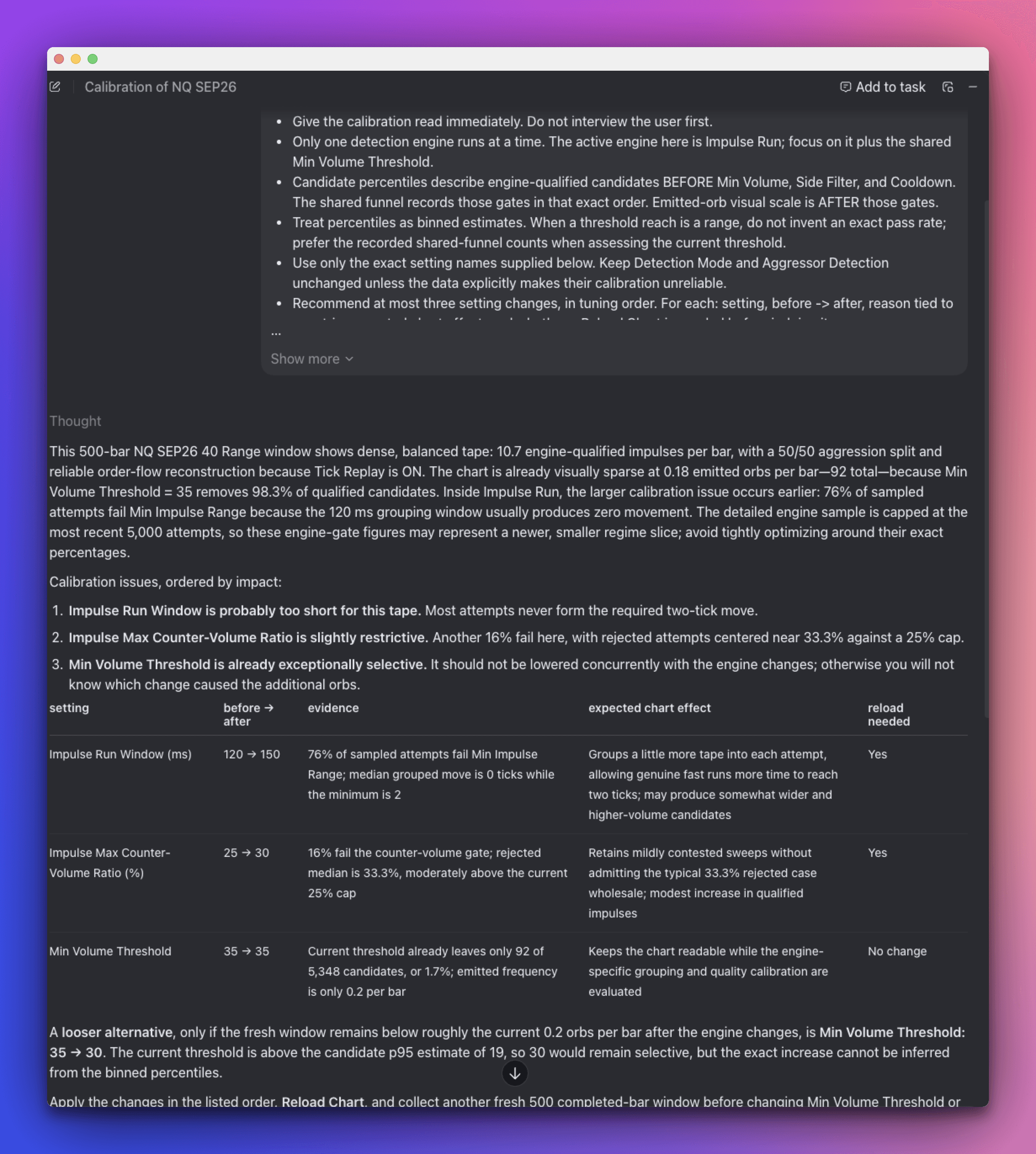 AI calibration read for Big Trades PRO showing recommended setting changes for NQ with before-and-after values and reasoning