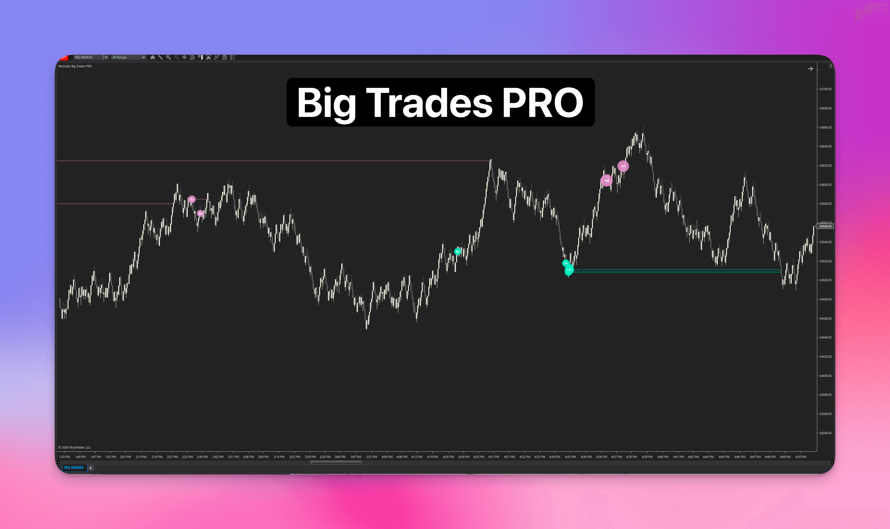Big Trades PRO advanced order flow indicator for NinjaTrader 8 showing real-time volume events