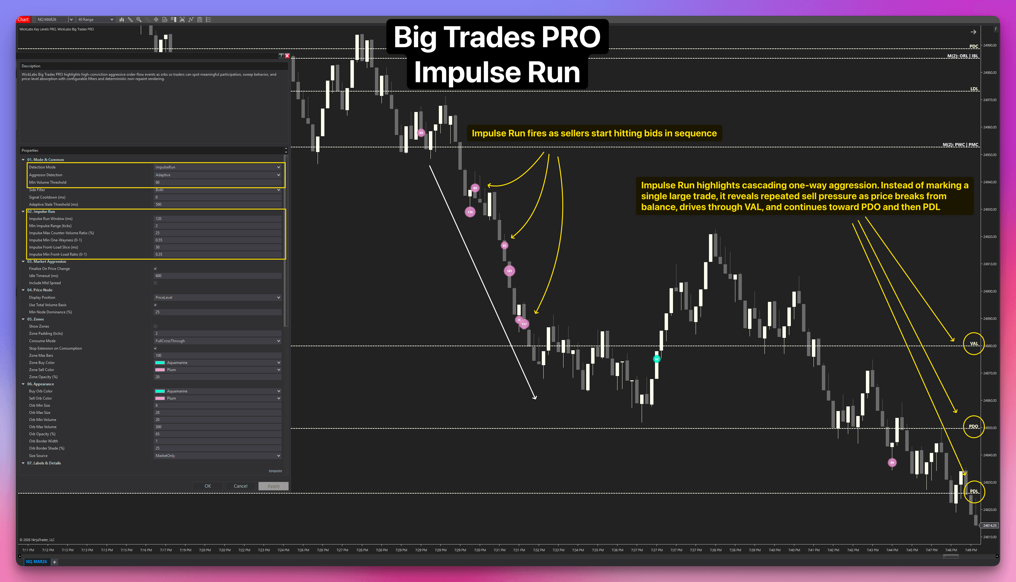 Big Trades PRO Impulse Run engine showing quality-gated momentum bursts