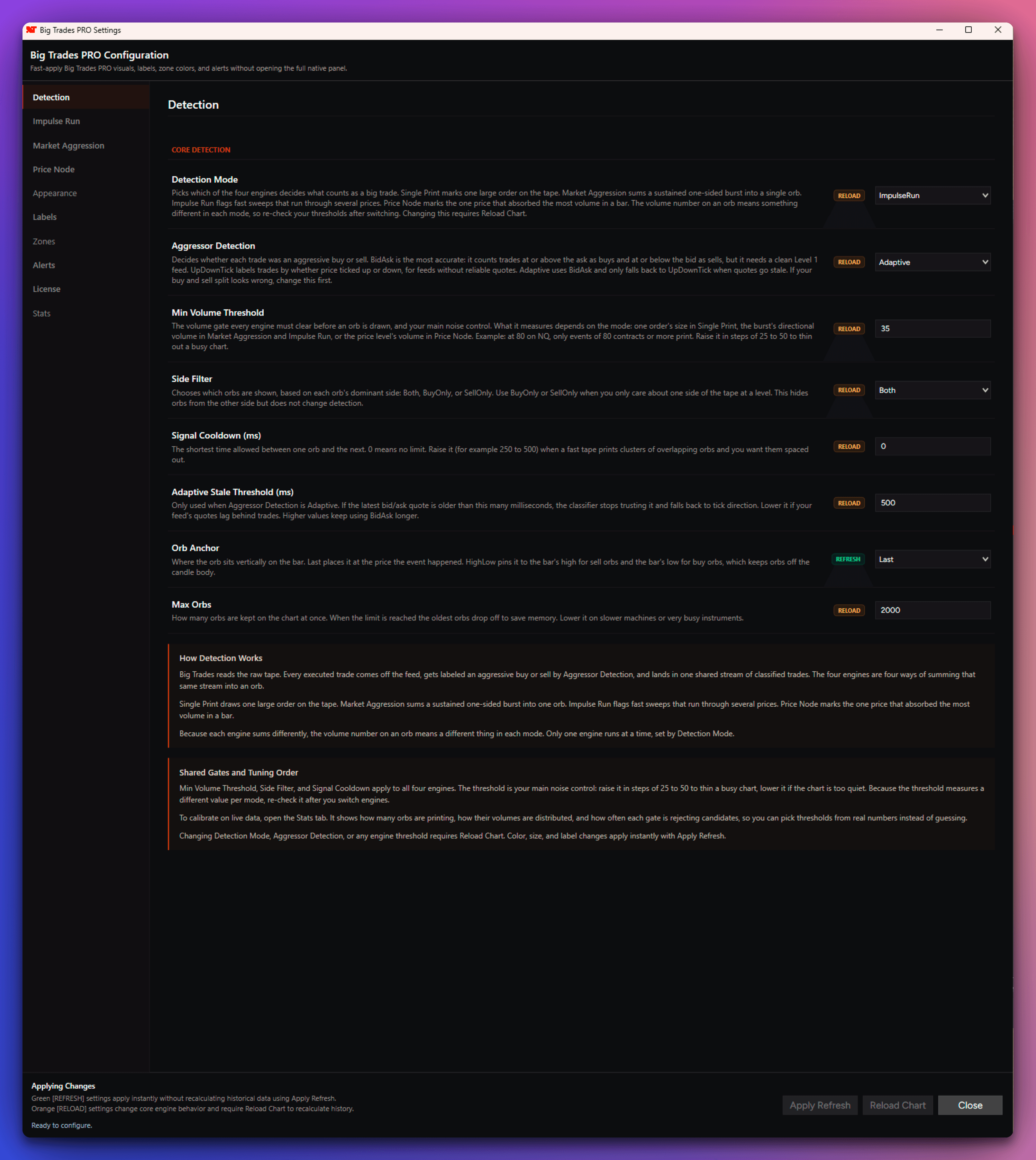 Big Trades PRO dedicated settings window opened from the chart toolbar