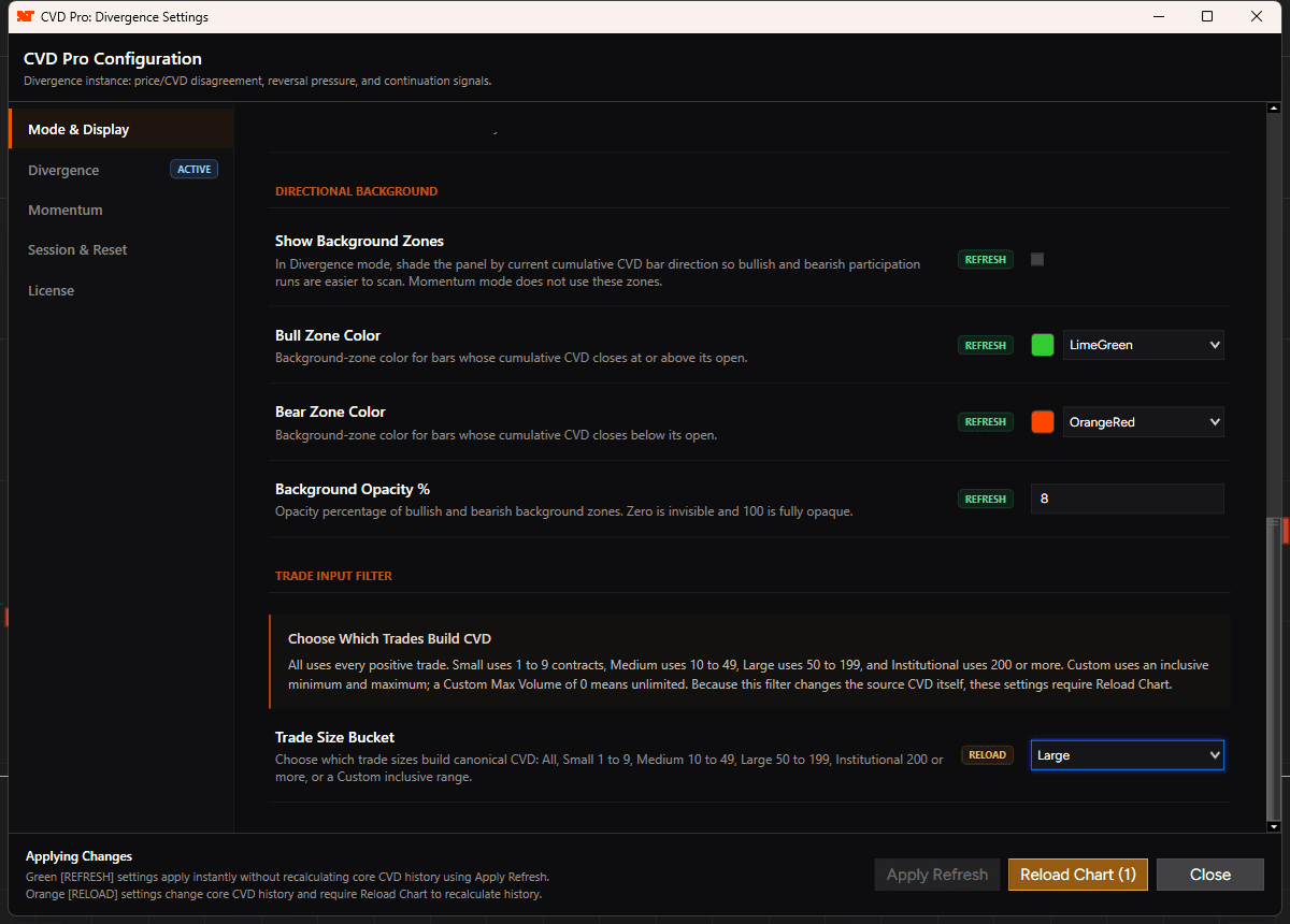 Cumulative Delta PRO settings window showing pending change counts