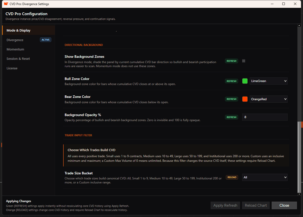 Cumulative Delta PRO settings window, trade input filter with RELOAD badge
