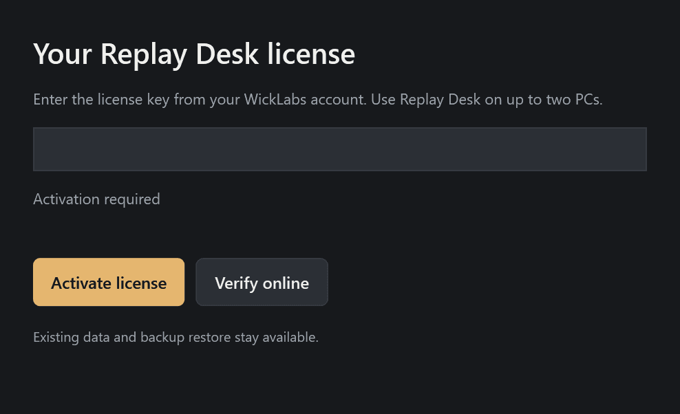Replay Desk license activation dialog with an empty license-key field and Activate license button