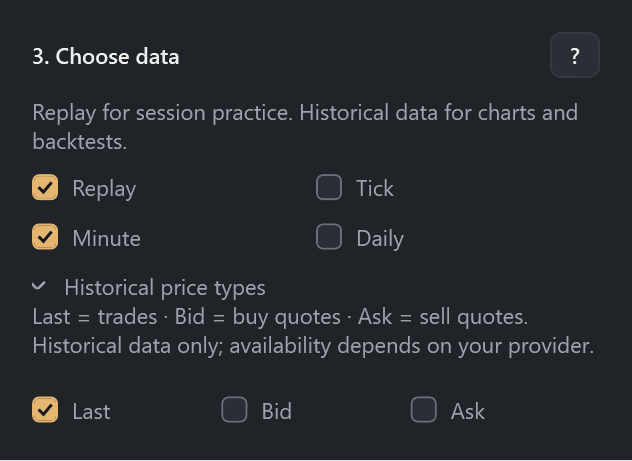 Replay Desk selections for Replay, Tick, Minute, Daily and historical Last, Bid and Ask prices