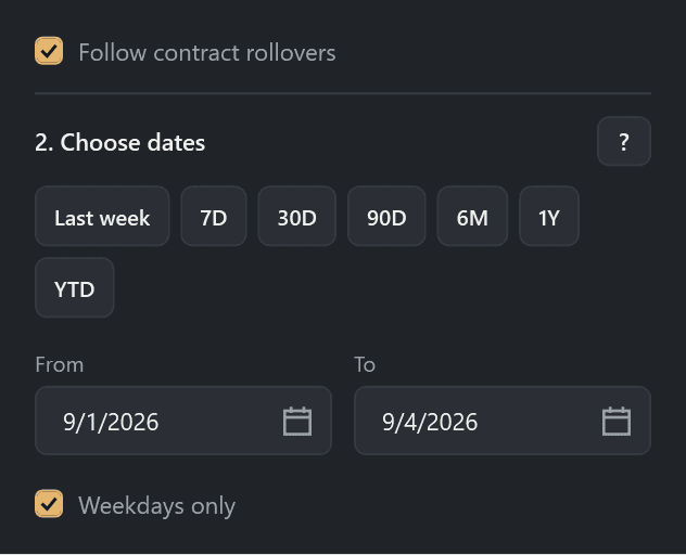 Replay Desk date range shortcuts, From and To controls, weekdays filter and Follow contract rollovers option
