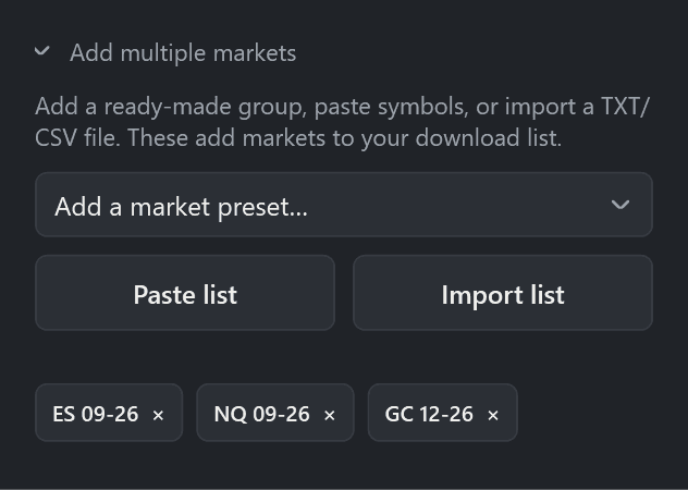 Expanded Add multiple markets area with market preset, Paste list, Import list and selected instruments