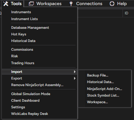 NinjaTrader Tools menu with Import expanded and NinjaScript Add-On visible