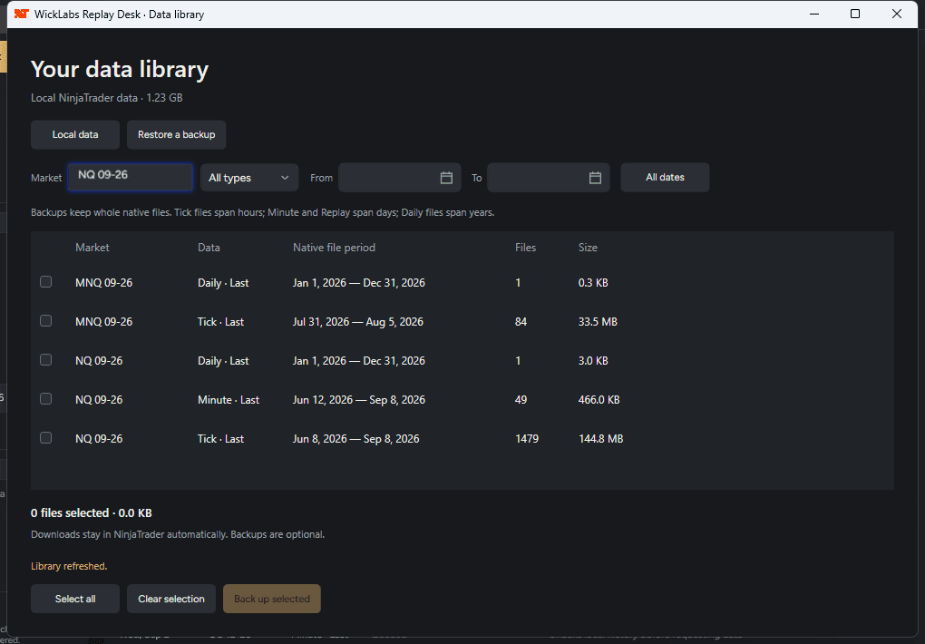 Replay Desk native data library filtered by instrument, with data types, covered dates and disk usage