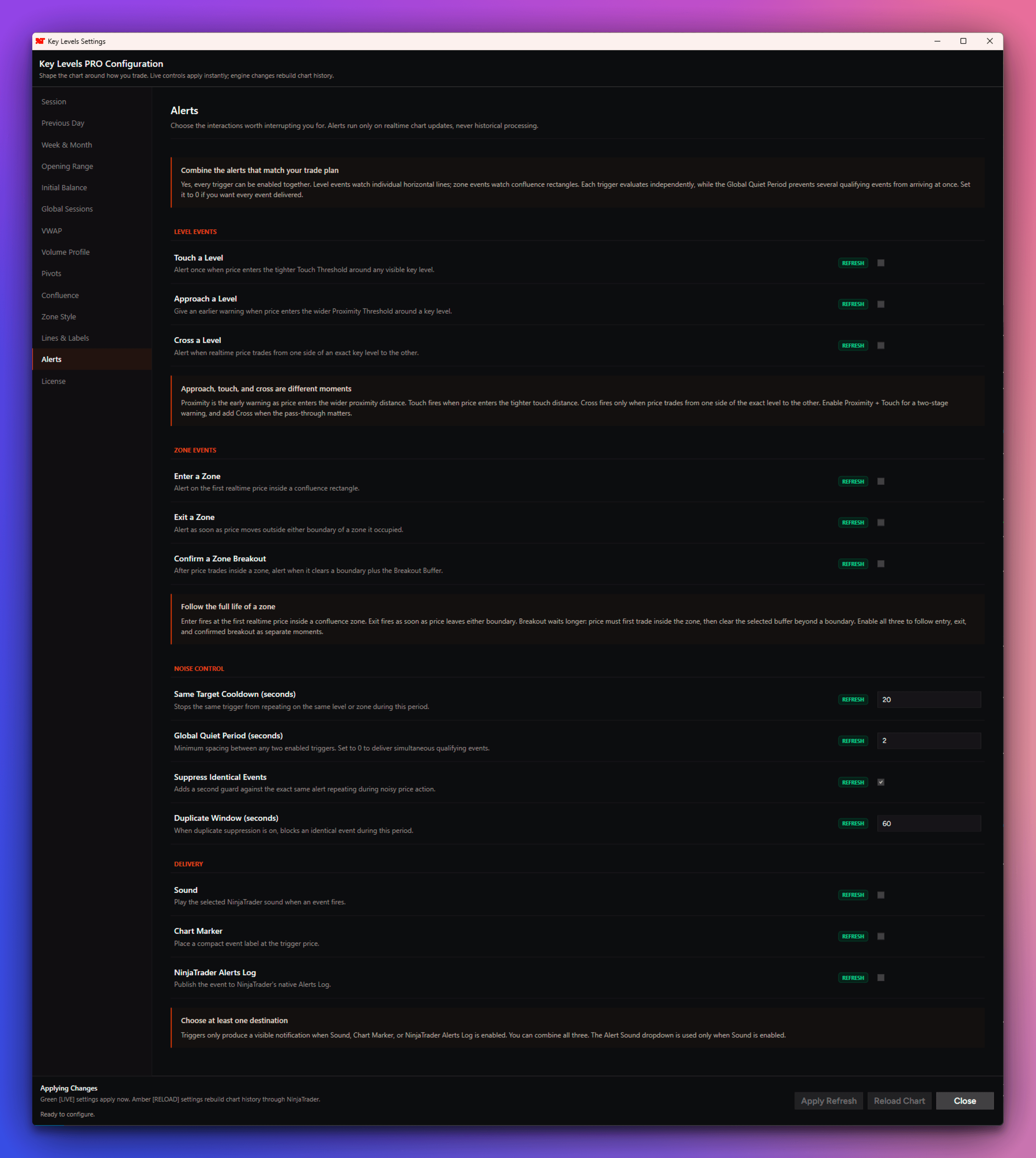 Key Levels PRO Alarm-Tab mit Level-Ereignissen, Zonen-Ereignissen, Rauschkontrollen und Ausgabekanälen