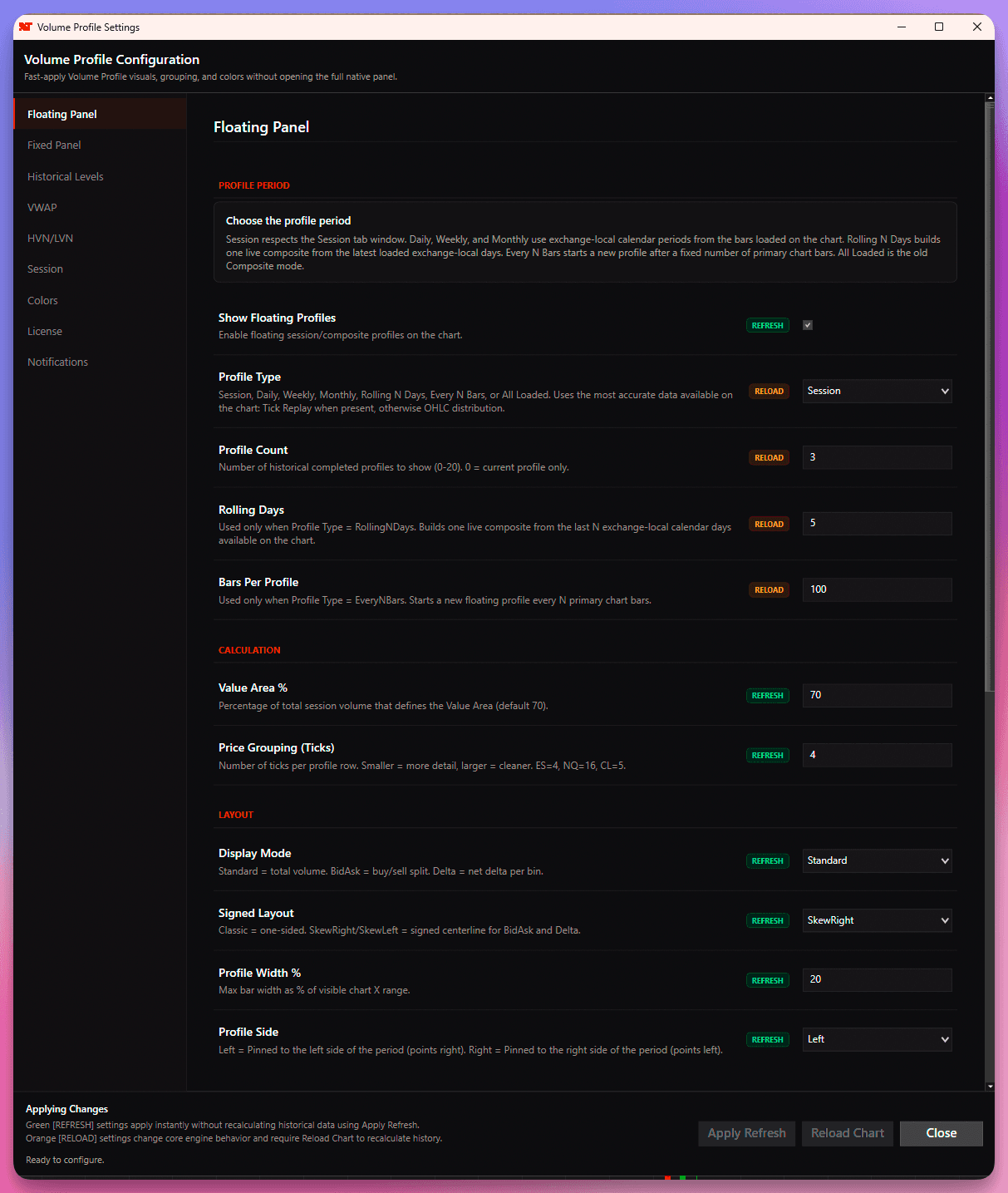 Volume Profile Suite PRO dedicated settings panel