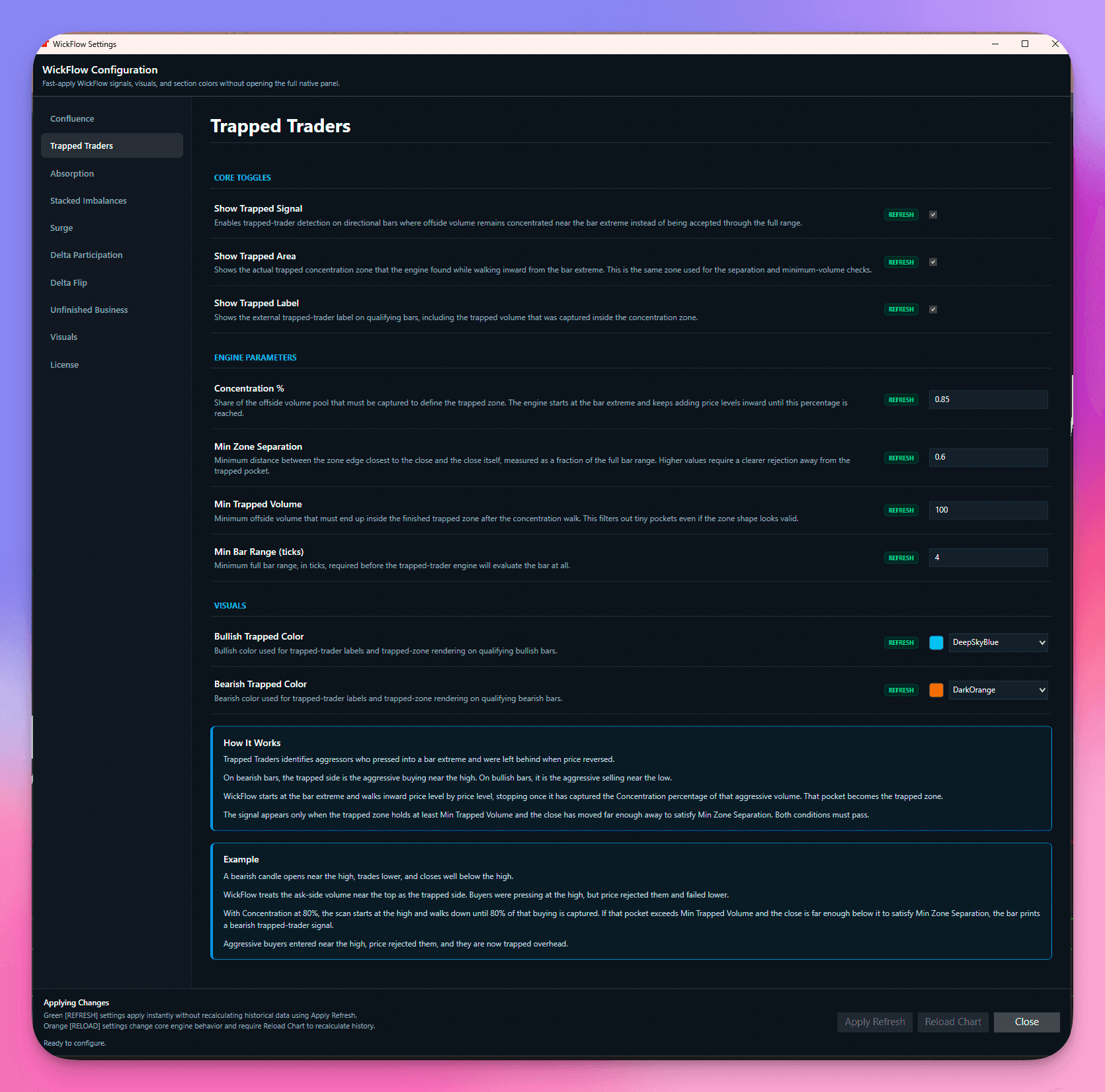 Documentación de ajustes de WickFlow para motores