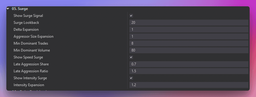 Surge, Intensity & Speed settings configuration